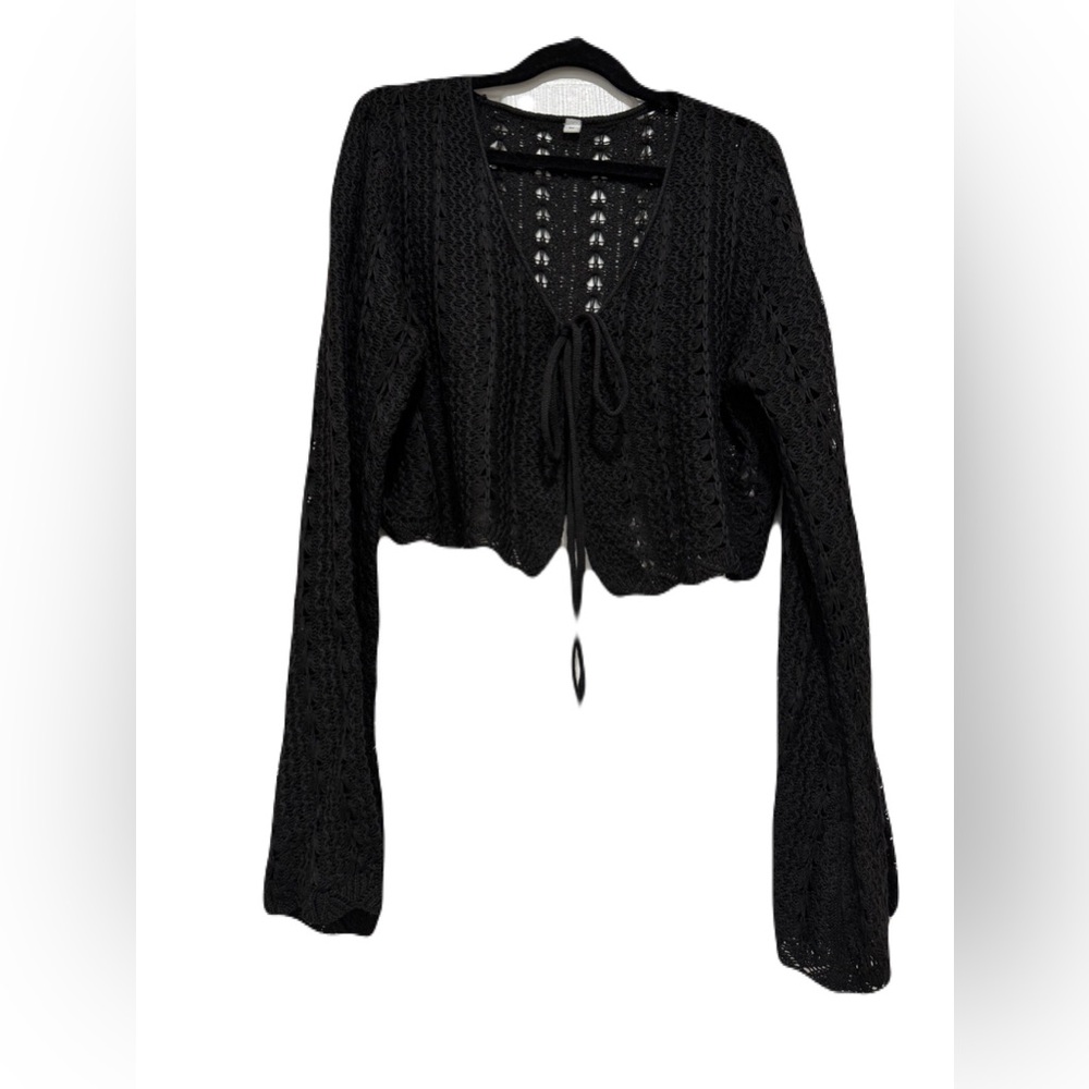 Black Crochet Tie-Front Cardigan